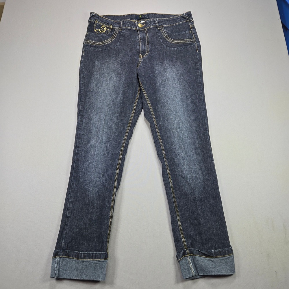 MXM Jeans Straight Leg Contrast Stitch Scroll Embroidered Dark Blue Womens 14